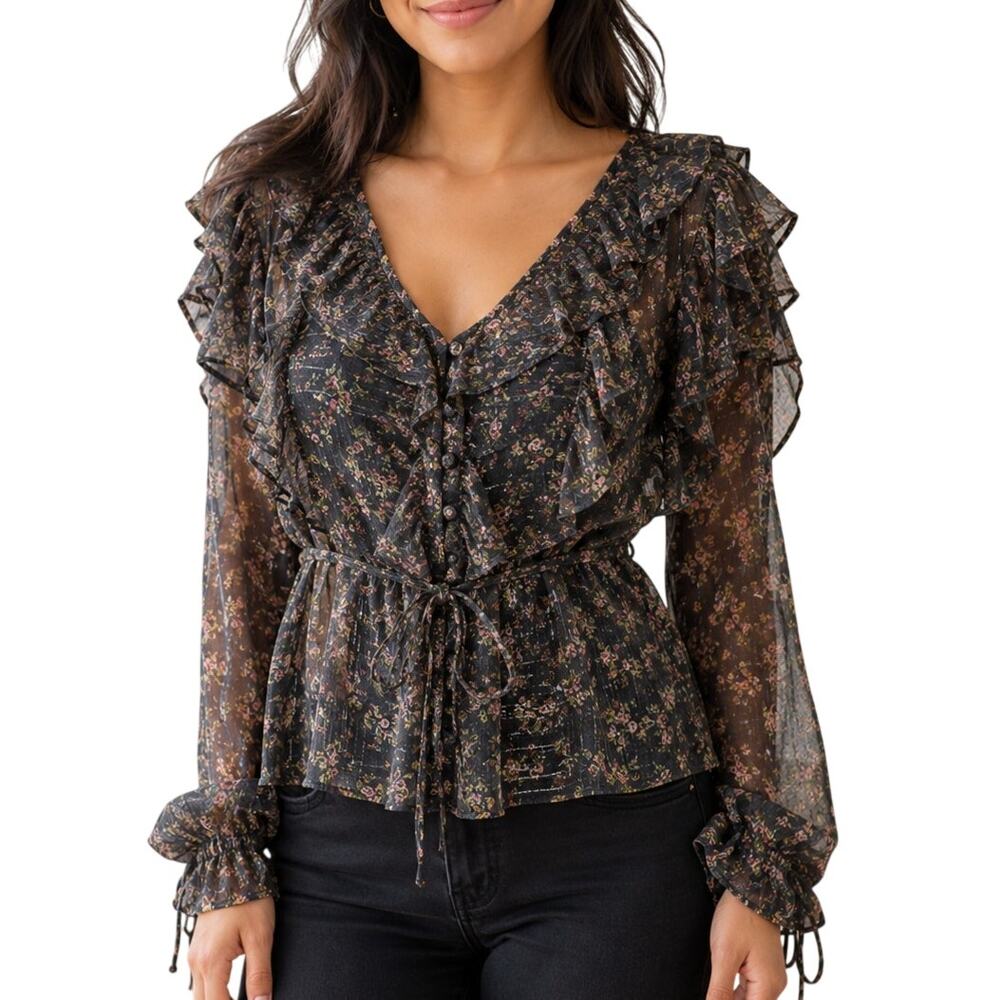 Topshop Dark Floral Ruffle Blouse Whimsigoth Romantic Goth Lurex Size 6
